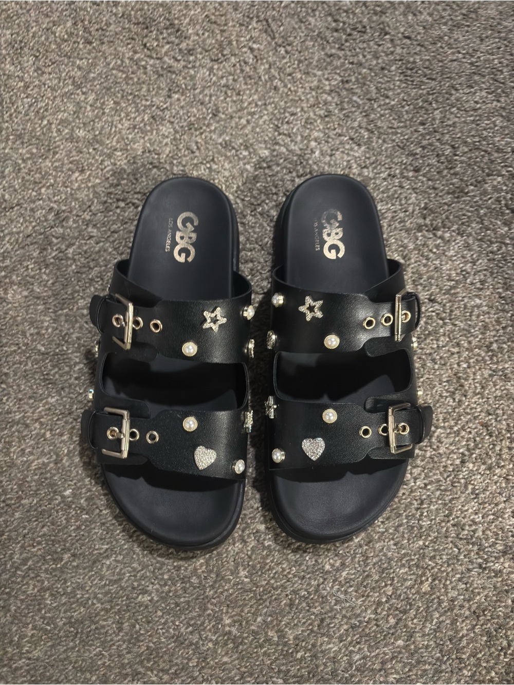 Black Embellished Double-Buckle women's Slide Sandals WORN ONE TIME